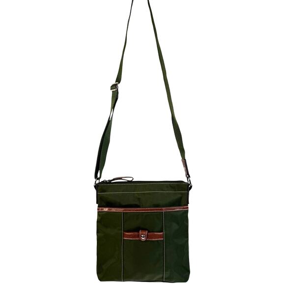 Nine West Green Nylon Crossbody Bag Brown Leather Trim Adjustable Strap - Picture 2 of 9